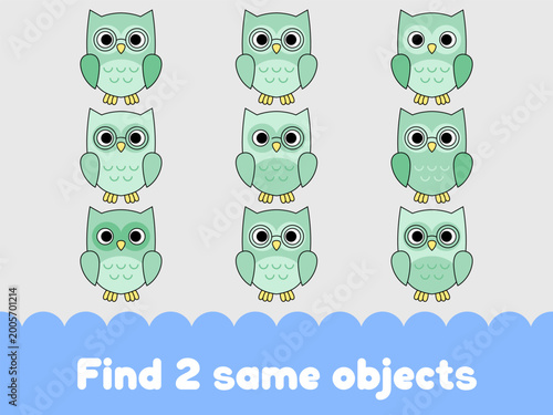 Canvas Print Educational vector illustration featuring multiple stylized owls for children to play a matching game and test their visual skills