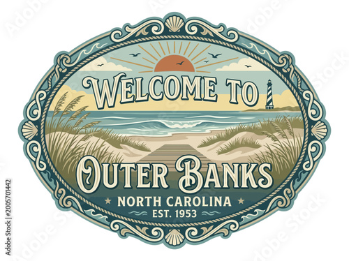 Vintage welcome emblem illustration for Outer Banks, North Carolina, featuring a scenic beach, lighthouse, and coastal dunes, perfect for travel promotions.