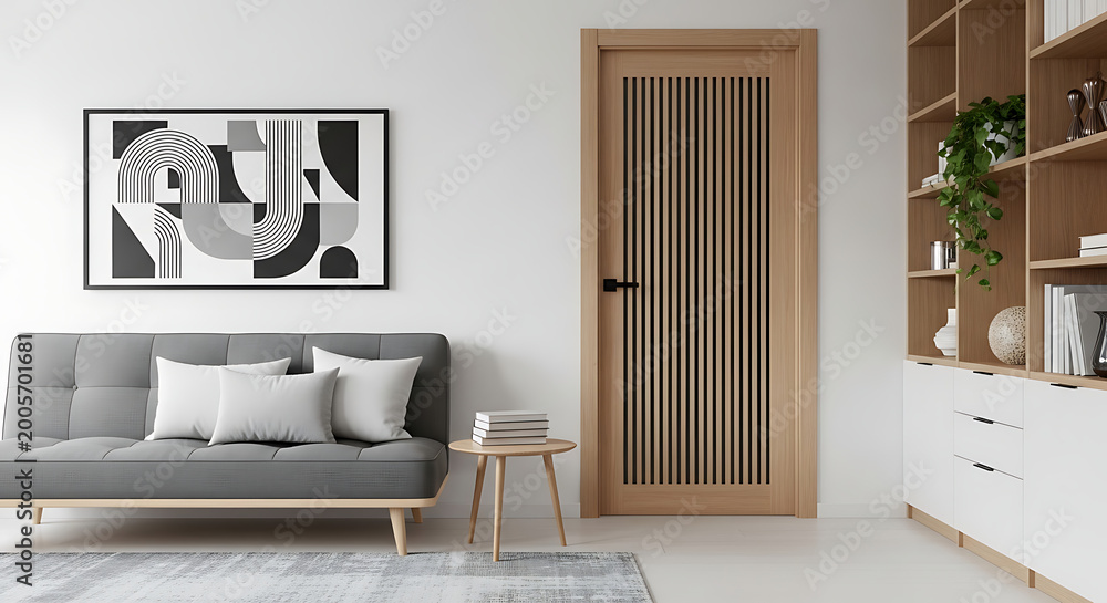 Fototapeta premium Minimalist interior design with modern furniture and a sleek wooden door