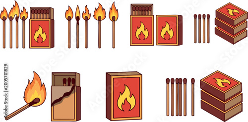 Bild auf Leinwand Set of Cartoon Safety Matches and Matchboxes Featuring Burning Wood Sticks and B
