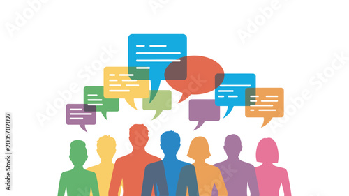 Foto Colorful silhouettes of people with speech bubbles above heads, representing com