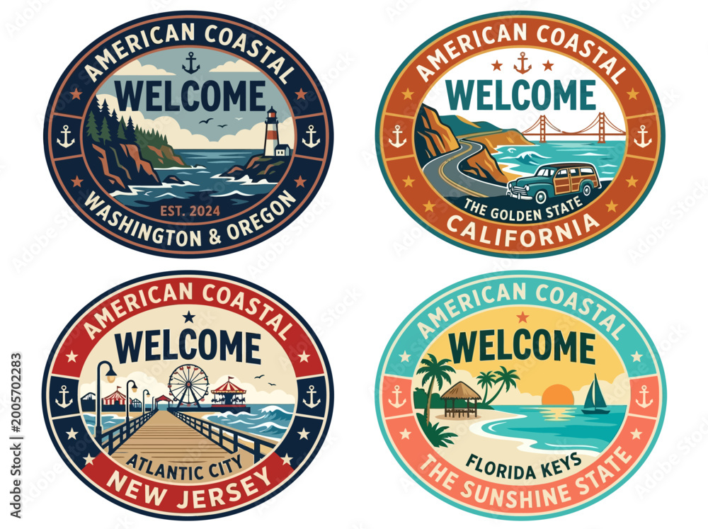 Obraz premium Welcome to American Coastal Destinations: Retro illustrations of diverse seaside landscapes, lighthouses, piers, and scenic roads.
