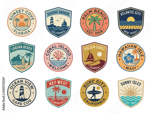 A vibrant collection of retro-style travel badges and emblems showcasing various sunny beach destinations and coastal landmarks.