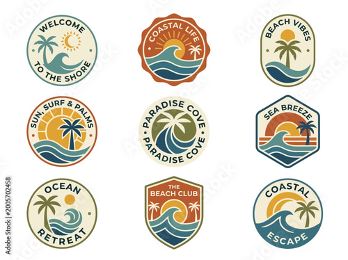 Illustrative bundle of modern retro beach and coastal life vector logos, perfect for summer travel, surf, and vacation designs.