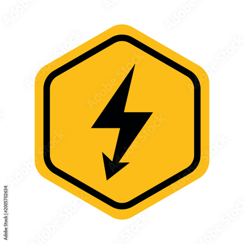 Foto Yellow hexagonal high voltage warning sign vector flat design isolated on white background