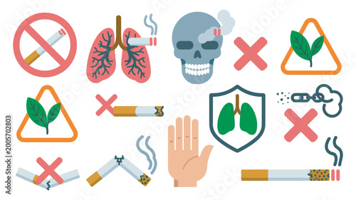 Fotografie Smoking danger icon collection promoting smoke-free lifestyle, lungs skull broke