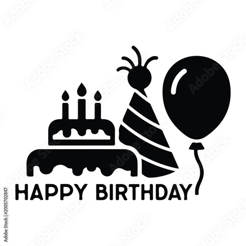 Black silhouette birthday with cake, hat, balloon, and 