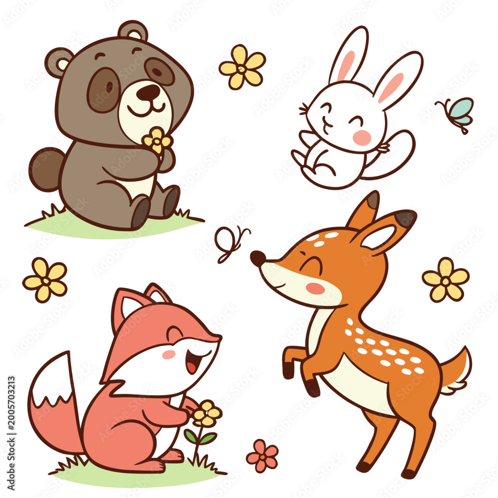 Naklejka premium Cartoon animals in a garden setting flowers butterflies