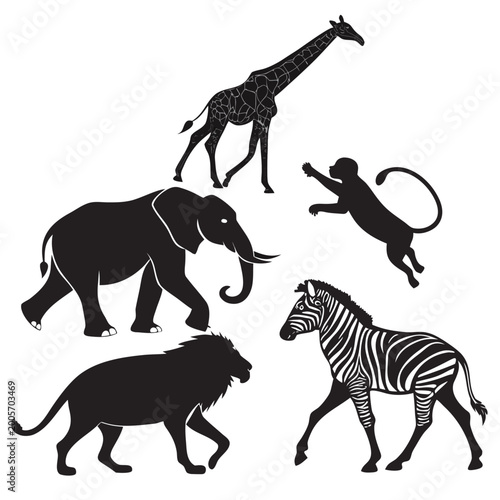 Photography Black silhouettes of various animals giraffe elephant lion zebra monkey