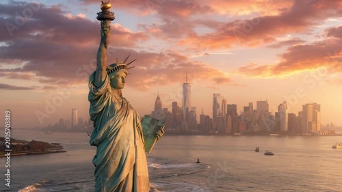 Majestic Statue of Liberty at Golden Hour with Cinematic New York City Skyline and Birds Soaring, Aerial Drone View of Manhattan Sunset