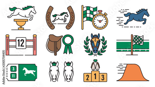 Foto Horse racing and equestrian sport icon collection, jockey helmets saddles horses
