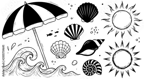 Hand-drawn collection of beach and summer elements including seashells, sun, and waves