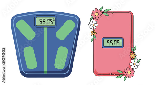 Contrast between two weighing scales featuring a professional blue digital scale and a decorative pink scale adorned with flowers.