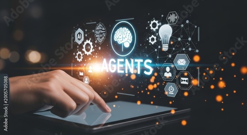 business professional interacting with ai agents hologram on laptop screen futuristic technology