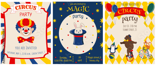 Circus party invitation, magical party invitation, birthday invitation set with balloons, circus elements, circus animals