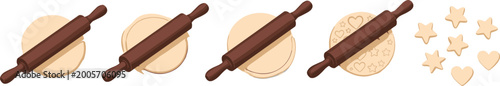 Fotografía Realistic Rolling Pin and Dough Step by Step Set with Cookie Shapes, Stars, and