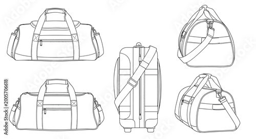 Technical line art drawing of a versatile sports duffel bag shown from multiple angles and perspective views.