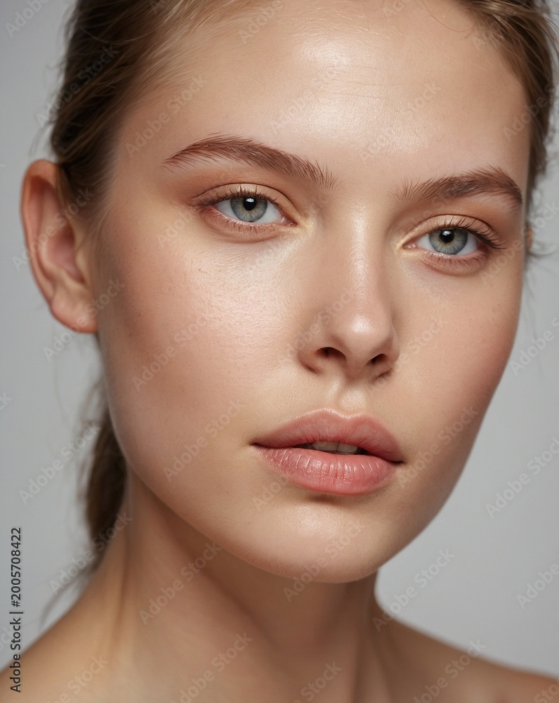 Obraz premium Primer plano de mujer joven con piel suave, maquillaje nude y mirada serena para concepto de belleza