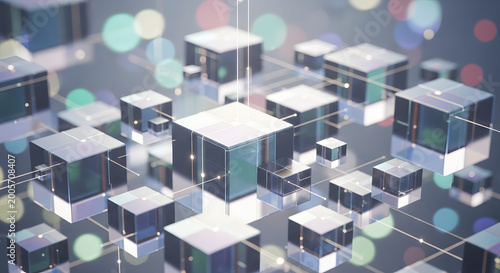 Abstract digital network of translucent glowing cubes connected by thin white lines and bokeh lights representing data technology and interconnectedness in a futuristic clean