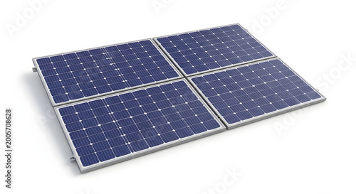 Modern solar panel array with four photovoltaic modules arranged in a grid on a clean white background showcasing renewable energy technology and sustainable power generation
