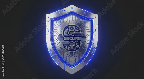 Futuristic metallic shield emblem with glowing blue circuit board patterns and 'secure' text inside symbolizing digital protection data safety and cybersecurity defense