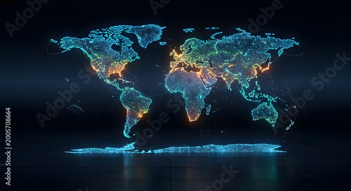 Vibrant digital world map glowing with interconnected neon lights representing global data networks technology and communication across continents in a dark futuristic abstract