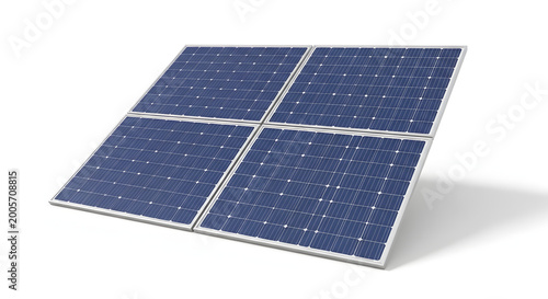 Modern solar panel array with dark blue photovoltaic cells and metallic frame angled against a clean white background symbolizing renewable energy and sustainable power generation