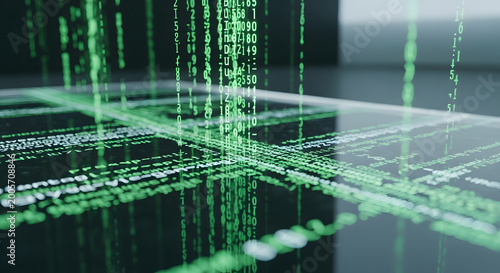 Abstract digital stream of glowing green binary code cascading and reflecting on a dark glossy surface representing data flow and technology concepts with a futuristic aesthetic
