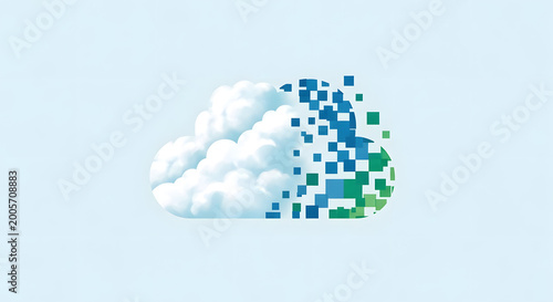 Digital cloud computing concept with data transformation and pixelation effect on a light blue background representing cloud storage and online connectivity