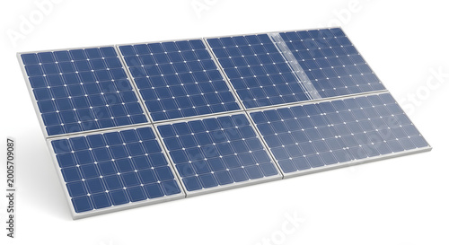Modern solar panel array with multiple photovoltaic cells arranged on a clean white background capturing renewable energy from sunlight for sustainable power generation and eco