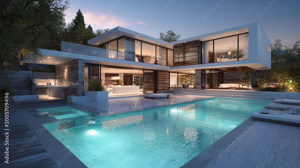 Fototapeta premium Modern luxury home with a sleek design, pool, and beautiful outdoor area at twilight hour.