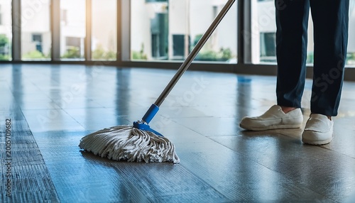floor cleaning with mop in modern office n professional janitorial service concept
