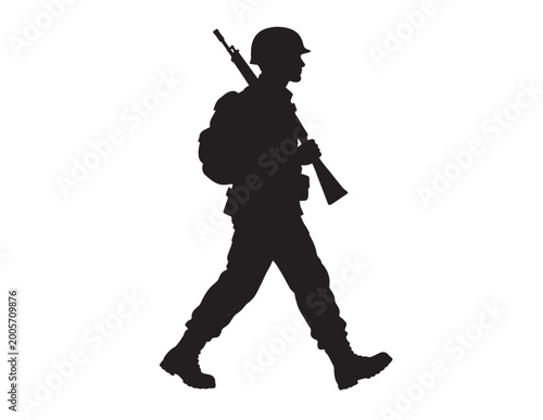 Принти на полотні Soldier silhouette vector, military personnel walking with rifle, army infantrym