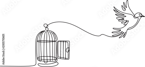 Фотография bird released from birdcage continuous one line drawing, Bird released from birdcage in continuous line art drawing style