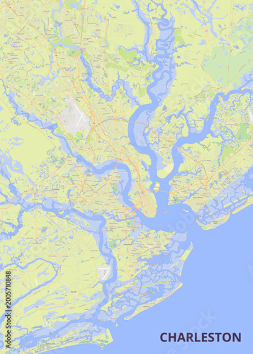 Comprehensive urban and coastal map of Charleston, South Carolina, USA.
