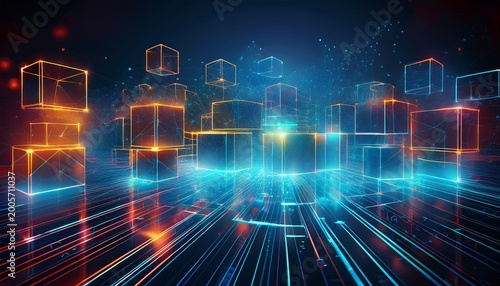 abstract modular system background floating geometric blocks connected by glowing lines
