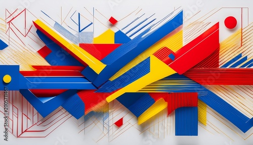 vibrant abstract geometric shapes and lines in bold red blue and yellow forming a dynamic modern and energetic pattern on a clean white background