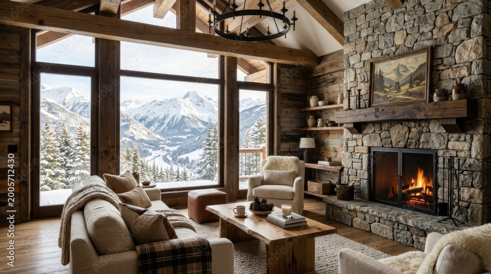 Fototapeta premium Cozy mountain lodge living room with fireplace and stunning snowy landscape views