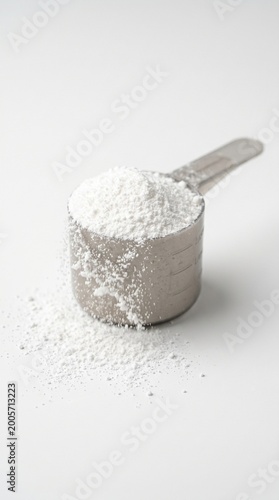 Scoop filled with creatine powder on white background  