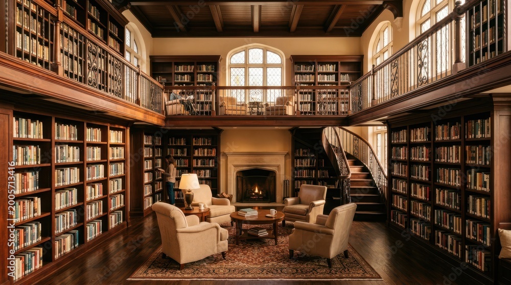Fototapeta premium Elegant two-story library with fireplace and comfortable seating areas