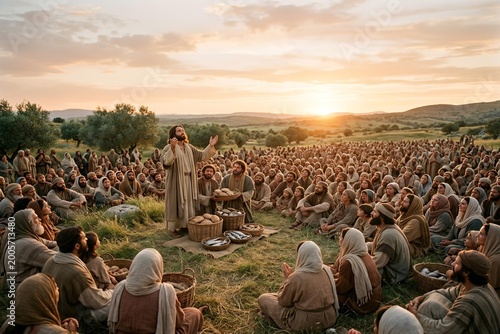 Jesus preaching to a large crowd in a serene outdoor setting at sunset