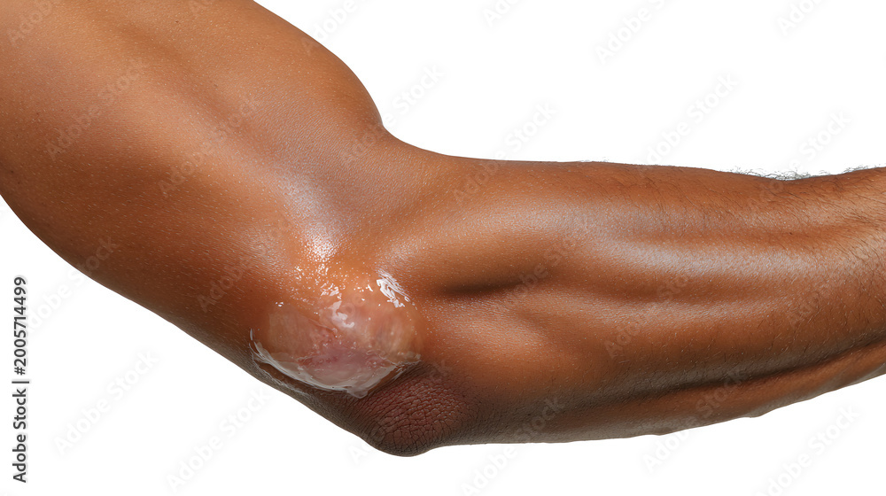 Fototapeta premium Close up of elbow bursitis on a human arm with a swollen and inflamed elbow joint