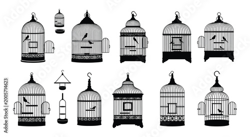 Fotografía Birdcage silhouettes collection black vector illustration on white background