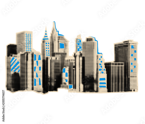 skyscrapers skyline halftone eleement. Urban collage cutout.