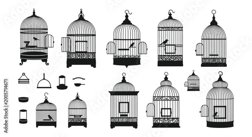 Foto Birdcage silhouettes collection black vector illustration on white background