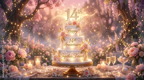 Beautiful threetier anniversary cake with flowers and sparkling lights for a 14th wedding anniversary celebration