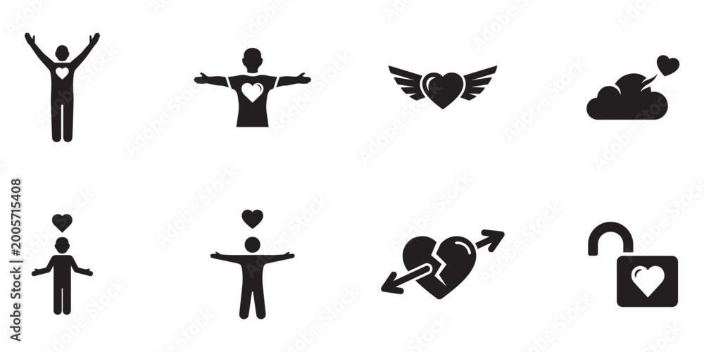 Fototapeta premium Vector Love Icon Pack - Heart with Wings, People with Hearts, and Broken Heart