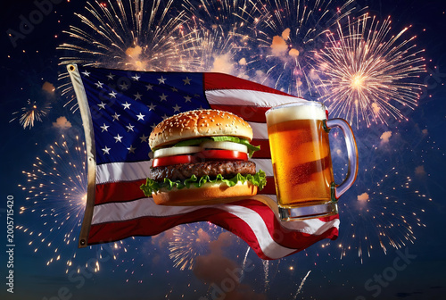 Classic beef burger and beer placed in front of waving American flag during 4th July. Ideal for pub menus and Fourth of July holiday marketing campaigns.