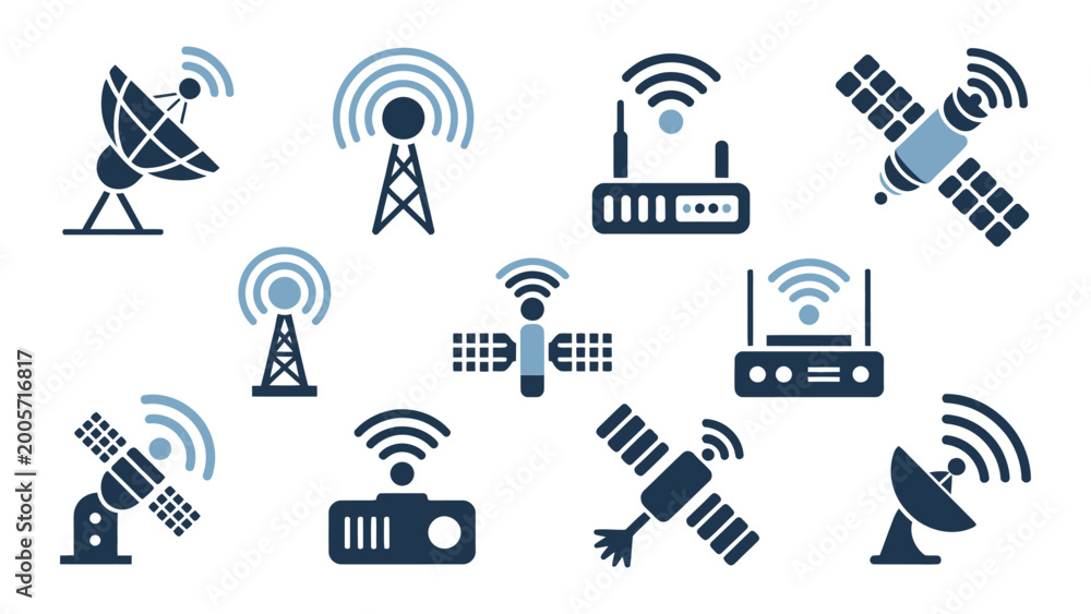 Fototapeta premium Various communication devices and satellites with signal waves on white background
