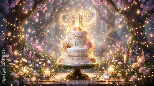 Elegant 11th anniversary cake with sparkling fairy lights and flowers in an enchanted forest